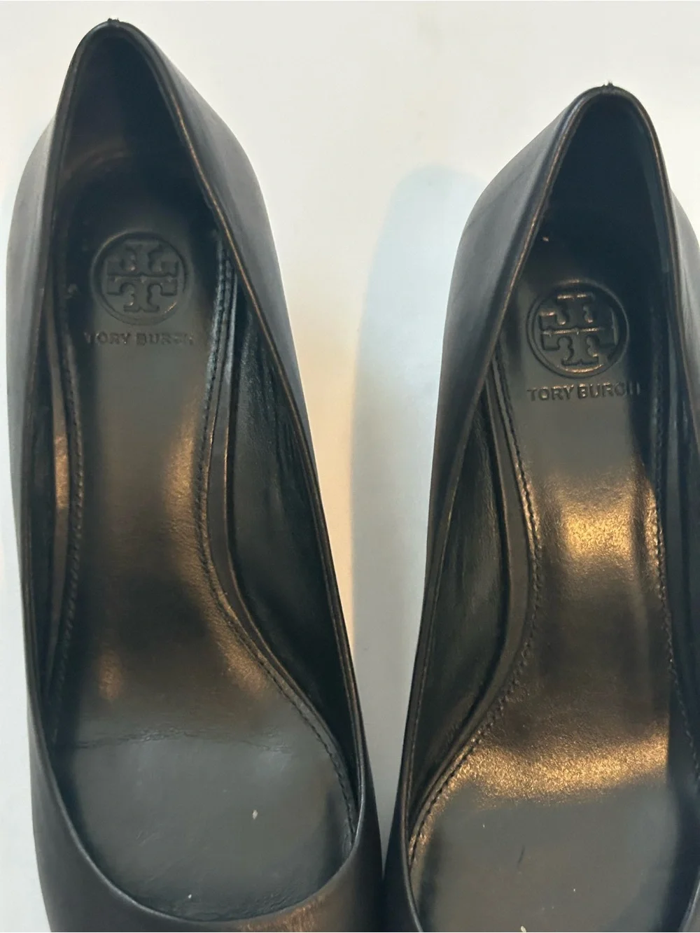 Tory Burch Leather Wedge Classic Black Shoe with Cream Cap Toe Gold Logo Accent